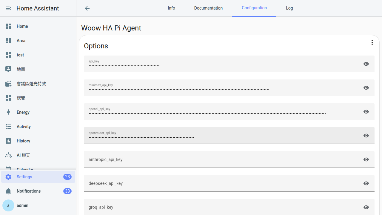 Pi Agent add-on 的 Configuration 分頁