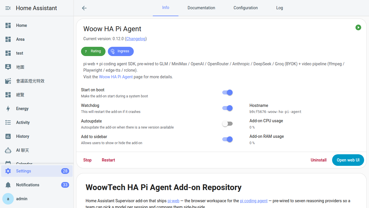 Pi Agent add-on 的 Info 分頁